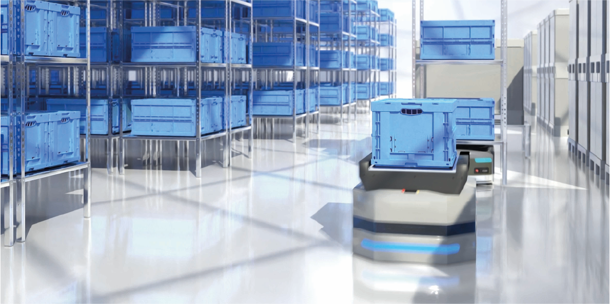 Warehouse with folding boxes and automated storage technology in use