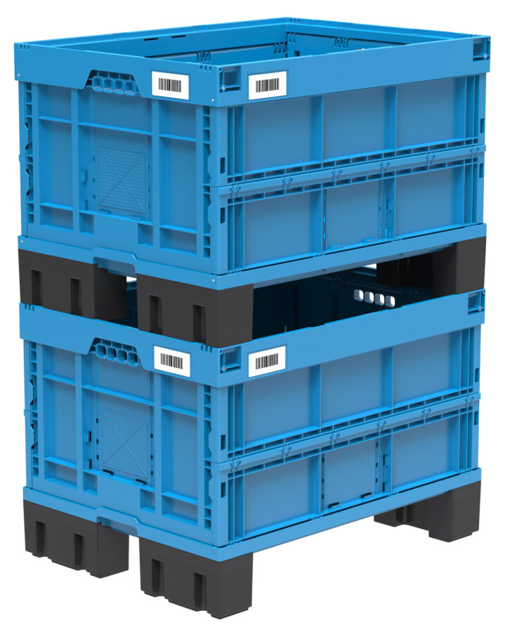 Box mit montierbaren Fußmodulen stapelbar